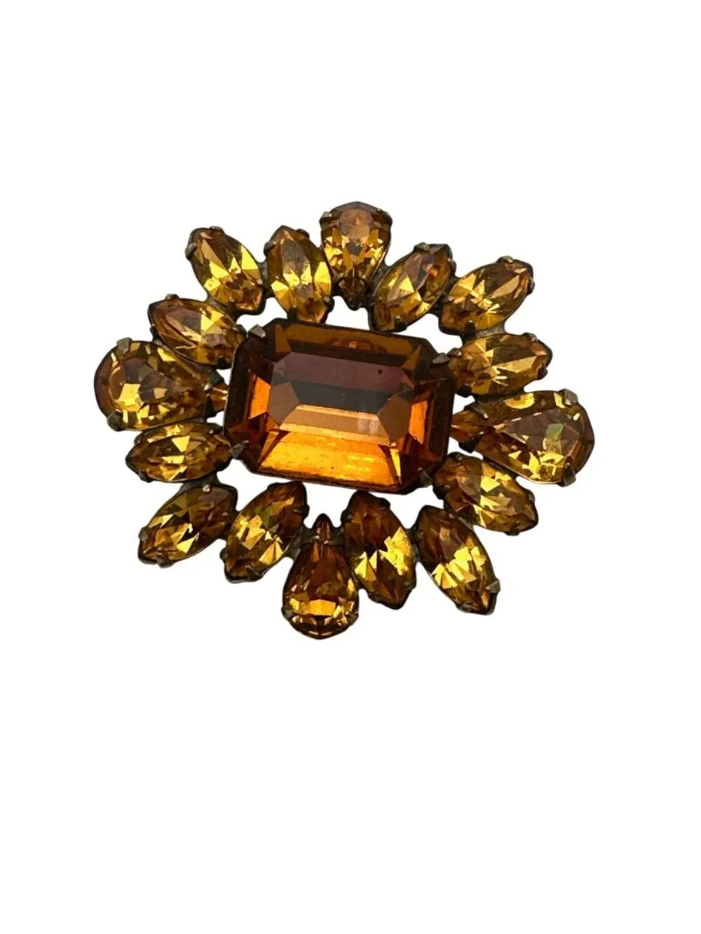 Vintage Unsigned Schreiner New York Brooch Pin Amber Glass Rhinestone